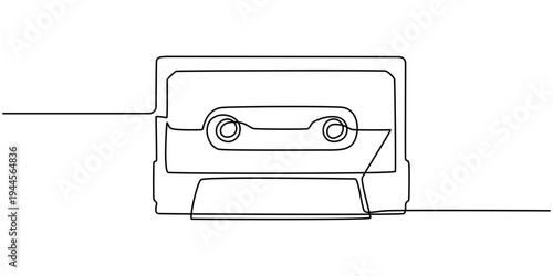 Audio cassette continuous one line drawing, One continuous line drawing of audio cassette tape. Minimalist concept of retro and nostalgic music and mixtape for web banner in simple linear style.