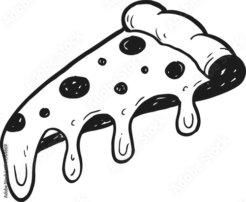 Slice of melting cheese pizza with pepperoni toppings and folded crust outline drawing