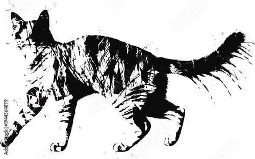 Silhouette of walking cat with striped fur pattern in black and white contrast