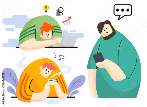 People daily activity vector set, man working on laptop, using smartphone, drinking coffee and listening to music