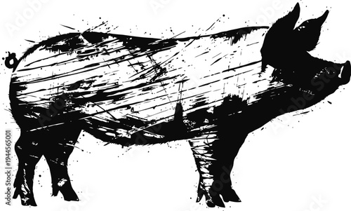 Grunge pig silhouette with scratched texture, rustic farm animal illustration in black and white