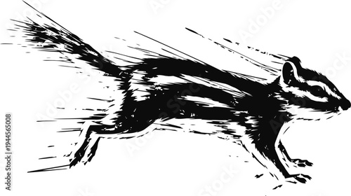Running chipmunk illustration with dynamic motion lines, black and white wildlife sketch drawing