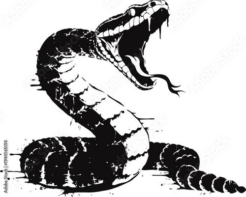 Coiled rattlesnake with open mouth and visible fangs ready to strike in warning pose