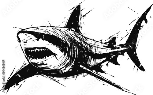 Grunge great white shark illustration with open mouth and aggressive expression