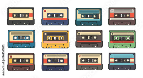 Colorful collection of vintage cassette tapes arranged in a grid pattern