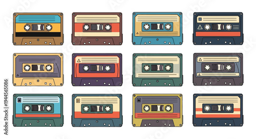 Colorful collection of vintage cassette tapes arranged in a grid pattern