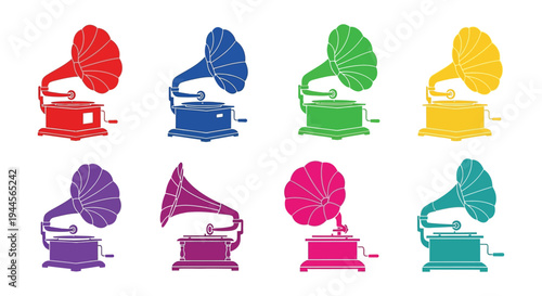 Colorful vintage gramophones arranged in a grid pattern on a white background