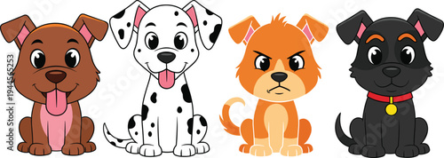 Cute cartoon puppies with different expressions, dalmatian and various dog breeds, sitting together in a row, isolated vector illustration.