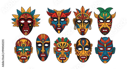 A collection of colorful patterned african tribal masks arranged in rows