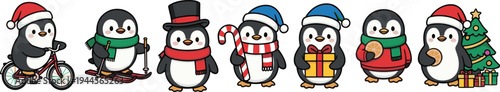 Cute Christmas penguin character collection in winter outfits riding bicycle skiing holding candy cane gift and decorating tree festive cartoon holiday mascot vector illustration set