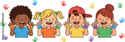 Happy cartoon children with colorful handprints, smiling faces, and playful creativity illustration representing friendship, teamwork, diversity, fun art activity, and kids educational design
