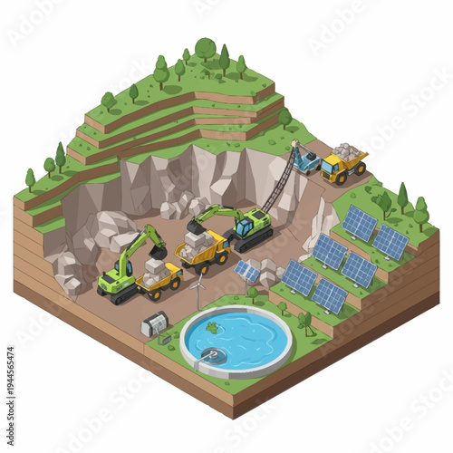 Construction Site with Excavators and Solar Panels.
