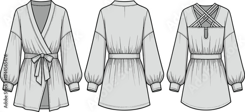 Elegant women blouse technical fashion flat sketch set showing front, back and detailed strap design, long sleeve wrap dress with belt, apparel design template