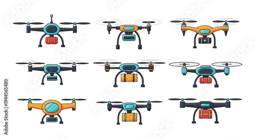 Collection of colorful delivery drones with package carriers depicted in a grid