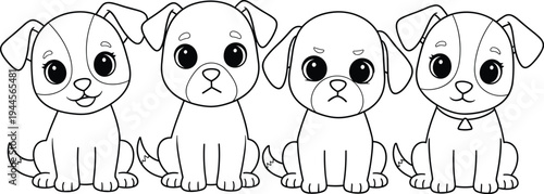 Cute four puppies line art vector illustration, adorable baby dogs for coloring book page, domestic pet animal outline,