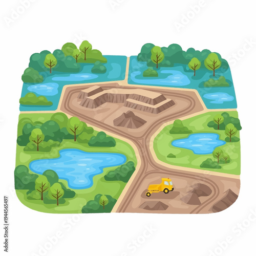 Construction Site with Yellow Truck and Ponds.