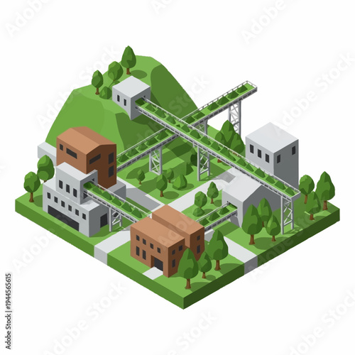 Isometric Industrial Mining Facility with Conveyor Systems.