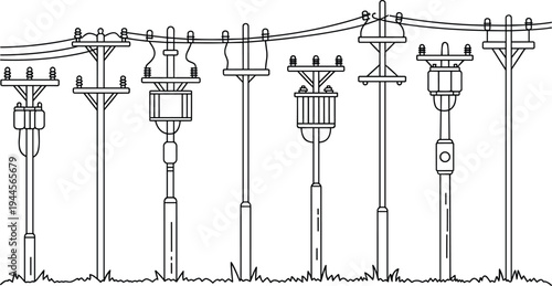 Line of various utility poles and electrical components in a row with overhead wires line black and white