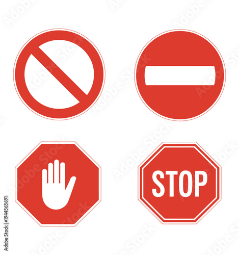 Vector set of red warning signs including stop and no entry symbols for security alerts and safety measures on transparent backdrop