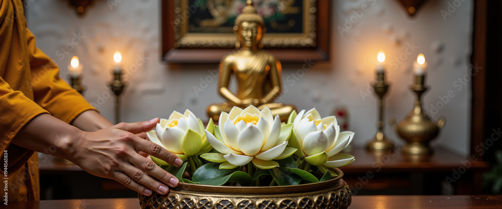 Obraz premium Person placing lotus flowers on a shrine in a peaceful setting 