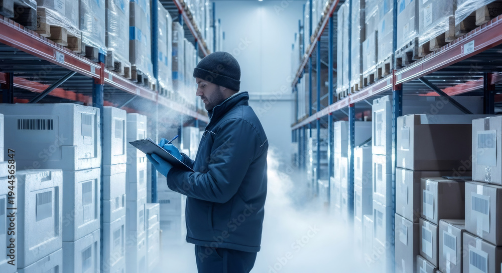 Fototapeta premium Man checking inventory in cold storage warehouse. Distribution center freezing room worker concept for logistics and supply chain.