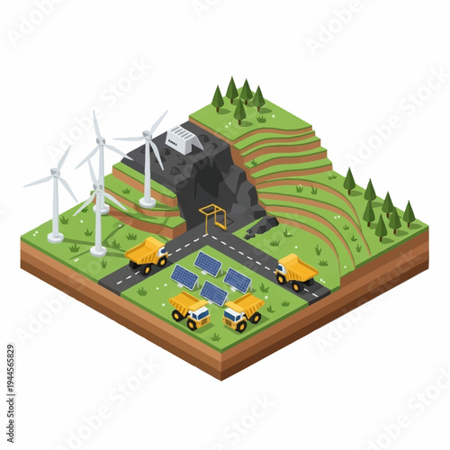 Sustainable Energy and Mining Operations Isometric Illustration.