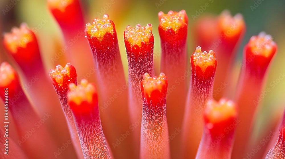 Fototapeta premium Vibrant red coral fingers close up with yellow tips and blurred green background