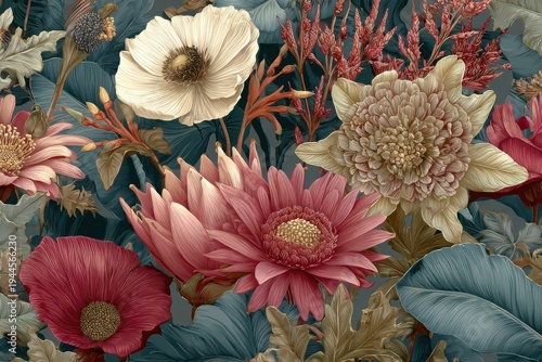 Elegant, vintage seamless repeatable pattern featuring blooming flowers in mute tones