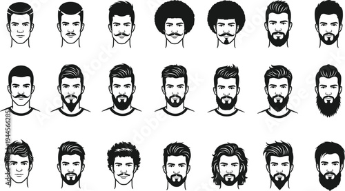 Men Hairstyles and Beard Styles Collection Male Face Portrait Icons Barber Haircut Vector Set
