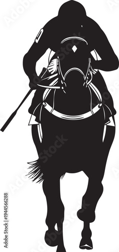 Jockey riding racehorse from front view, competition and speed sport illustration vector