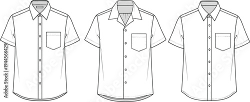 Men Short Sleeve Shirt Collection Front View Casual Button Down Clothing Technical Vector Illustration