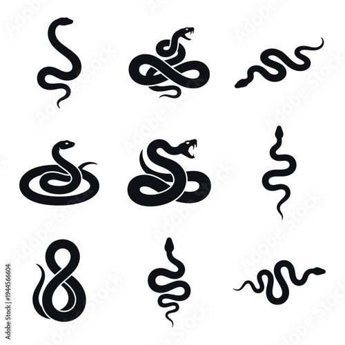 Snake Silhouette Icon Set - Minimalist Black Serpent Vector Illustrations