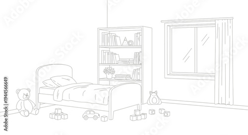 Simple line art drawing of a child's bedroom with a bed, bookshelf, window, and toys scattered on the floor.