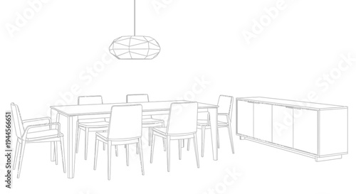 Wireframe drawing of a modern dining room with table, chairs, and sideboard.