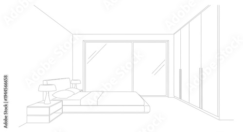 Minimalist line drawing of a modern bedroom interior with bed, nightstand, lamp, window, and wardrobe.