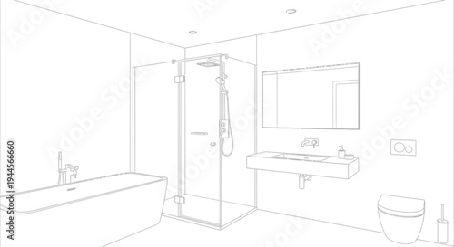 Minimalist line drawing of a modern bathroom interior featuring a bathtub, shower, sink, and toilet.