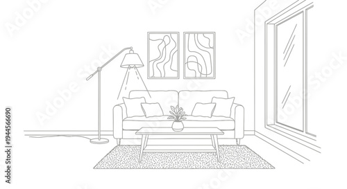Minimalist line art drawing of a cozy living room interior with sofa, coffee table, lamp, and window.