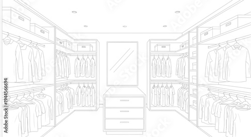 Detailed line drawing of an empty modern walk-in closet with organized shelving and a central dresser.