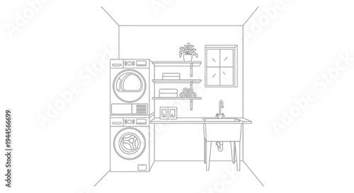 Line drawing of a functional laundry room with stacked washer and dryer and a utility sink.