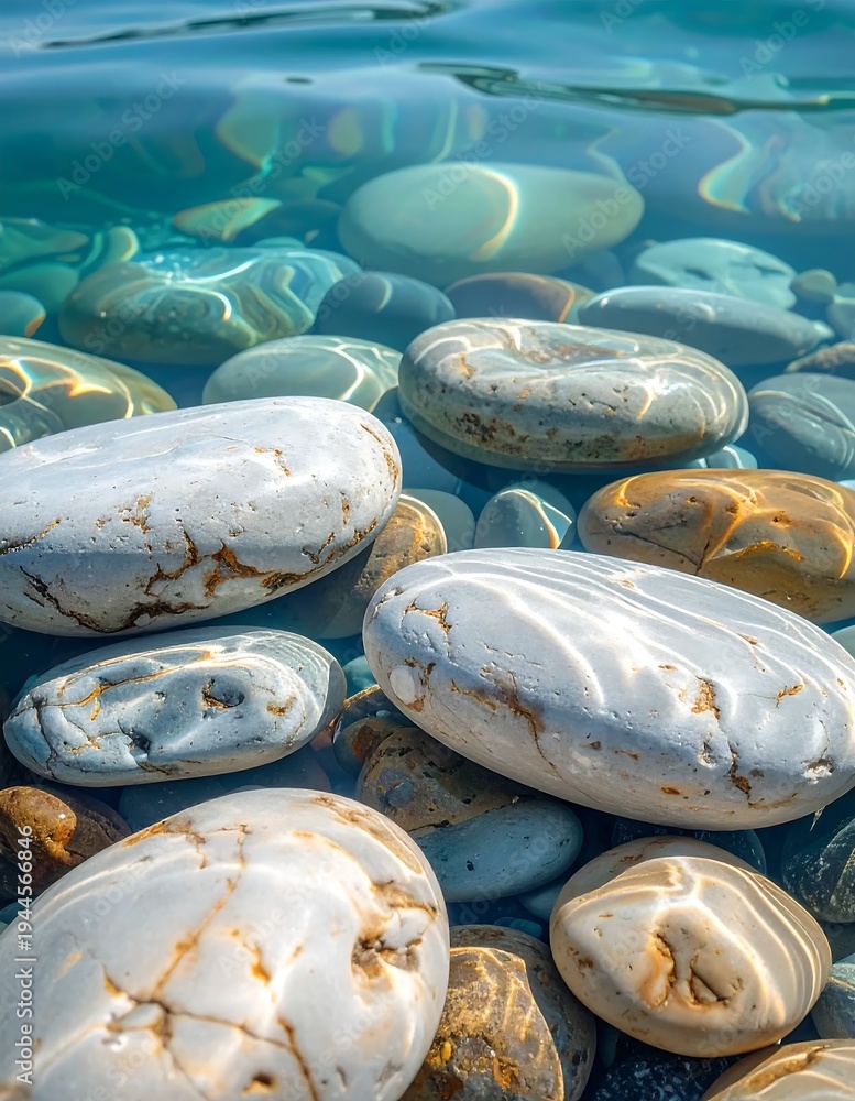 Fototapeta premium Sunlit Stones - A Glimpse into the Clear Depths of a Riverbed.