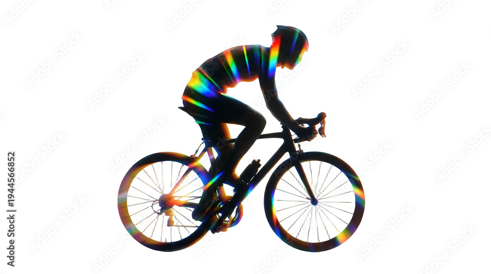 Obraz premium Colorful Silhouette Cyclist Riding Bicycle with Rainbow Prismatic Light Effects