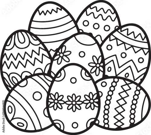 Easter egg icon set. Features cracked shell .Decorated Easter Eggs Collection Illustration  ,decorated patterns, and chocolate egg with ribbon bow. Black linear vector with editable stroke. Minimalist