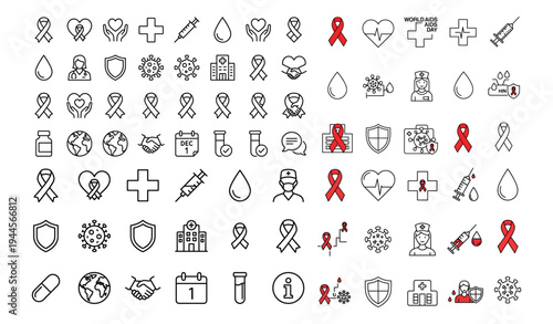 World AIDS Day Outline Icon Set HIV Awareness Red Ribbon Healthcare Vector_26