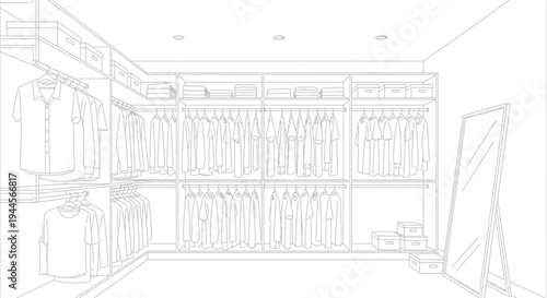 A detailed line drawing of a modern walk-in closet with clothes and a mirror.