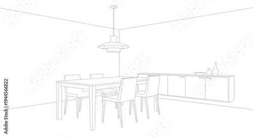 Line drawing of a modern dining room interior with table, chairs, and pendant light.