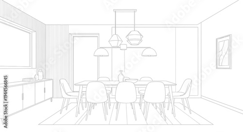 Detailed line drawing of a modern dining room interior with a long table, eight chairs, and a stylish chandelier.