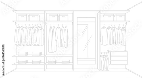 Detailed line drawing of a modern walk-in closet organization system with clothes, shelves, and a mirror.