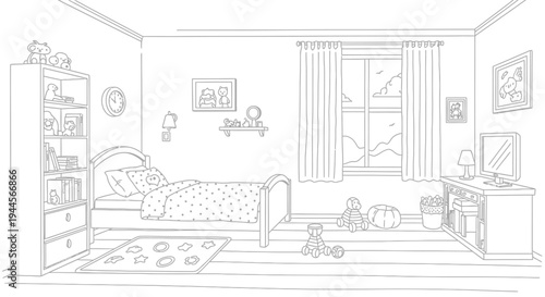 Detailed line art drawing of a cozy bedroom with a bed, window view of mountains, shelves, dresser, and toys on the floor, perfect for coloring.