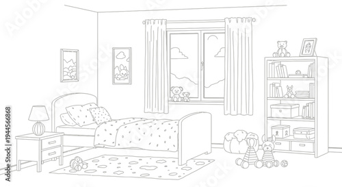 Detailed line art drawing of a cozy child's bedroom with a bed, nightstand, window, bookshelf, and toys, perfect for coloring activities.