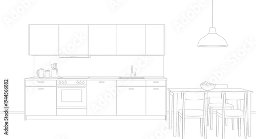 Minimalist line drawing of a modern kitchen and dining room interior design layout.